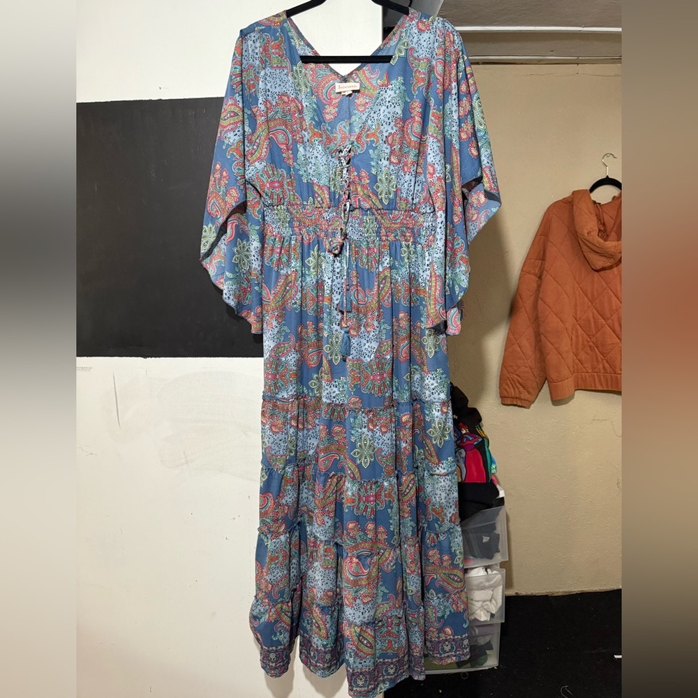 Boemo by Anthropology NWT Women Large Dress Maxi Boho Flutter Sleeve Hippie